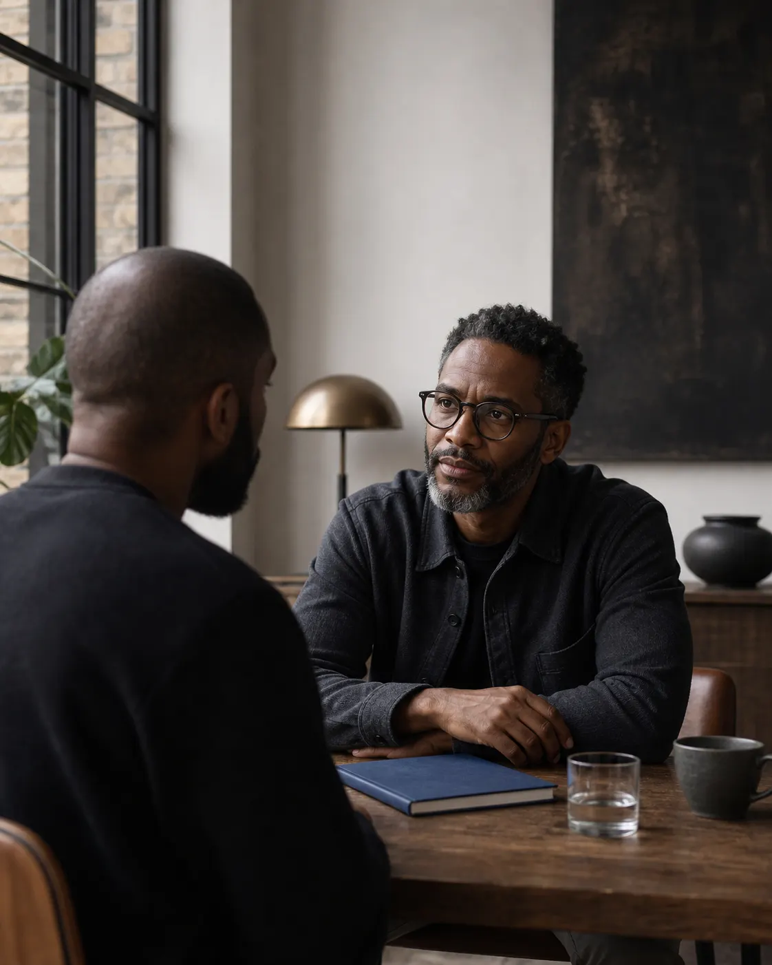 Two adults having a focused coaching conversation at a calm studio table