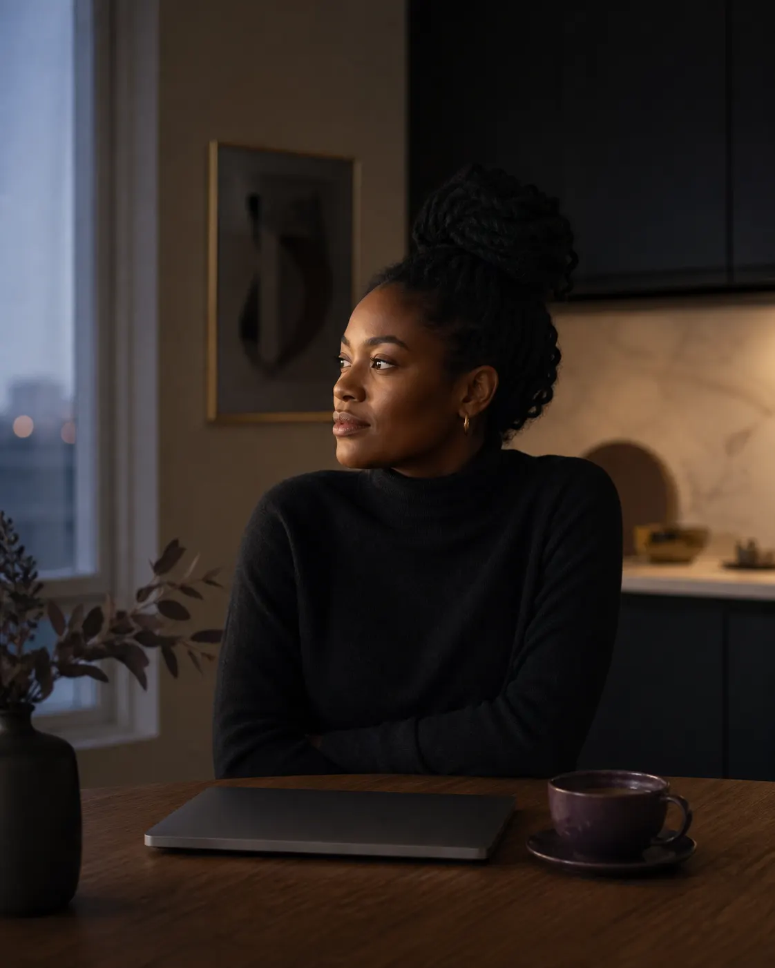 A professional sitting reflectively at a table before the working day begins